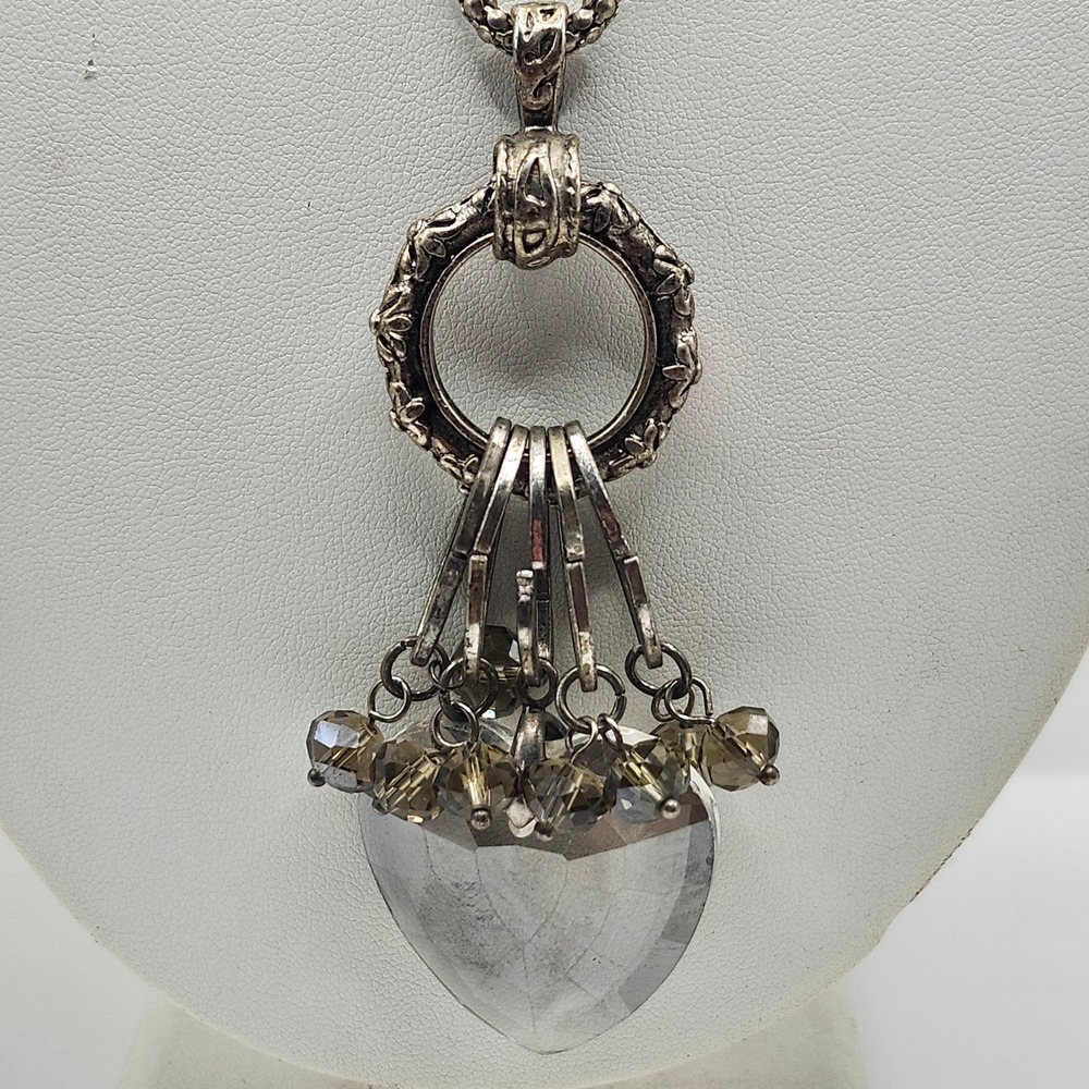Silver Tone Heart Crystal Tassel Pendant Necklace Smoky Grey Beads Adjustable